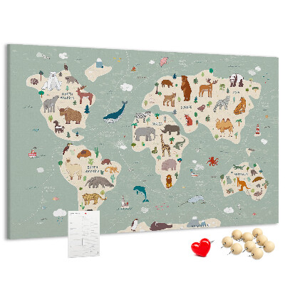 Tableau en liège Les animaux du monde sur une carte colorée