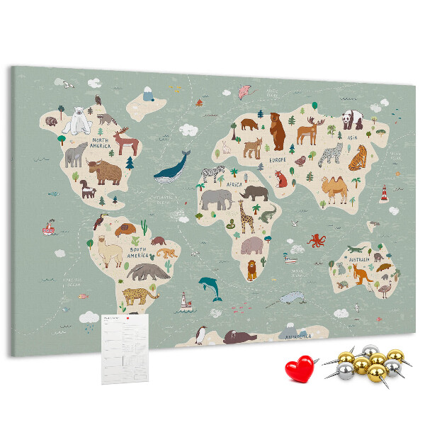 Tableau en liège Les animaux du monde sur une carte colorée