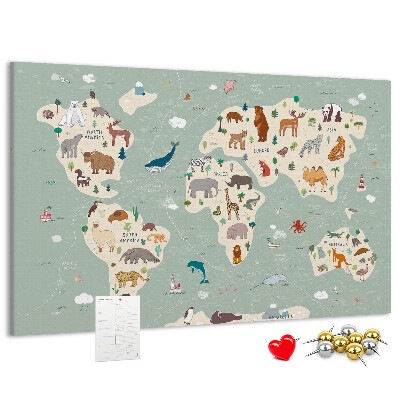 Tableau en liège Les animaux du monde sur une carte colorée