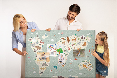 Tableau en liège Les animaux du monde sur une carte colorée
