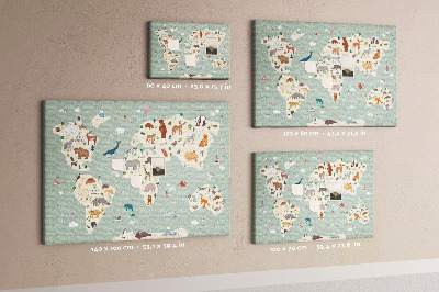 Tableau en liège Les animaux du monde sur une carte colorée