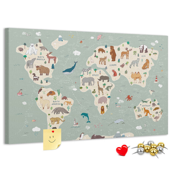 Tableau en liège Les animaux du monde sur une carte colorée