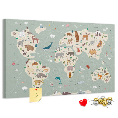 Tableau en liège Les animaux du monde sur une carte colorée