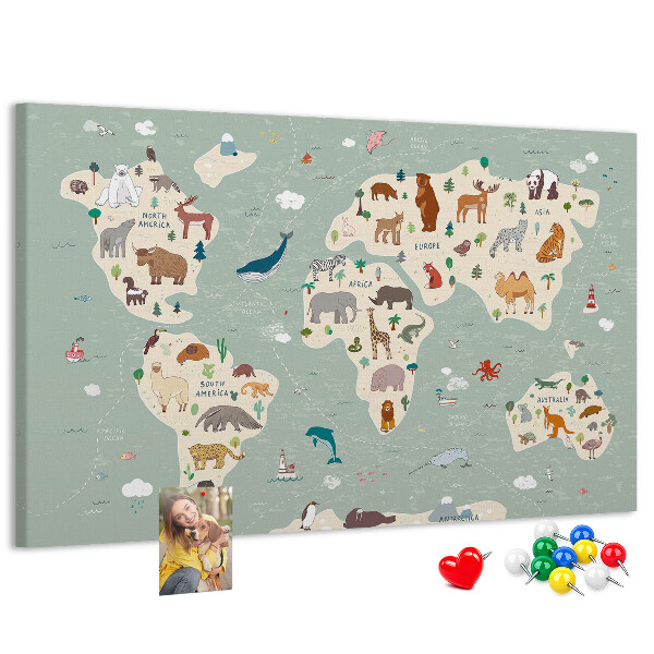 Tableau en liège Les animaux du monde sur une carte colorée