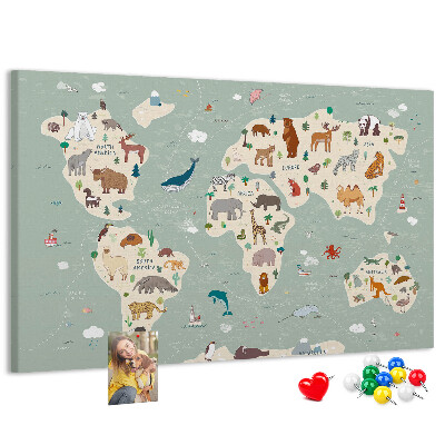 Tableau en liège Les animaux du monde sur une carte colorée