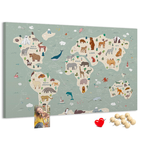 Tableau en liège Les animaux du monde sur une carte colorée