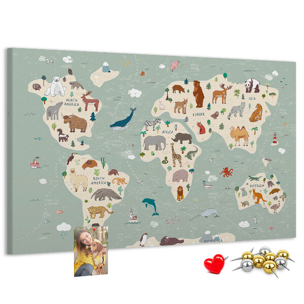 Tableau en liège Les animaux du monde sur une carte colorée
