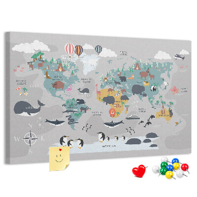 Tableau de liège Carte du monde illustrée d'animaux.