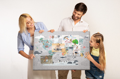 Tableau de liège Carte du monde illustrée d'animaux.