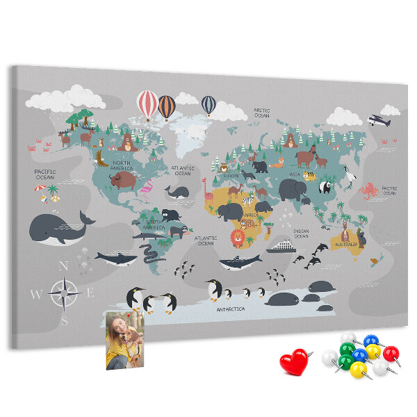 Tableau de liège Carte du monde illustrée d'animaux.