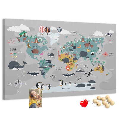 Tableau de liège Carte du monde illustrée d'animaux.