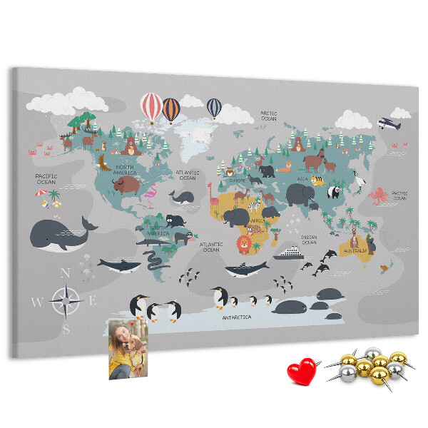 Tableau de liège Carte du monde illustrée d'animaux.