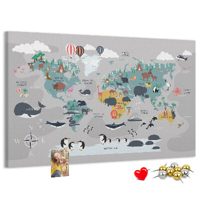 Tableau de liège Carte du monde illustrée d'animaux.