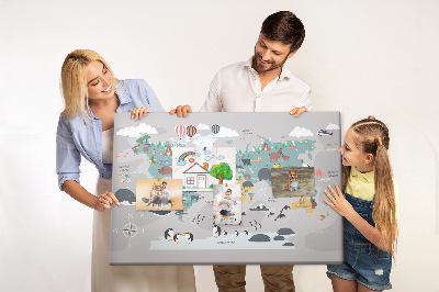 Tableau de liège Carte du monde illustrée d'animaux.