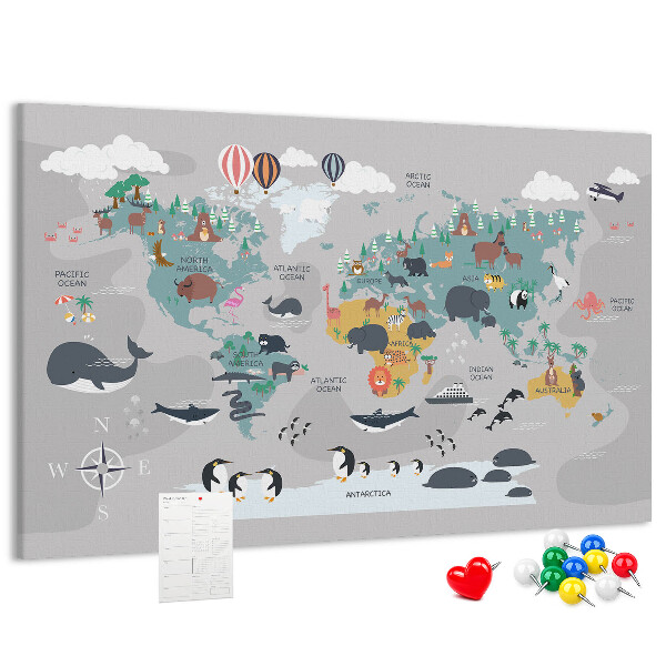 Tableau de liège Carte du monde illustrée d'animaux.