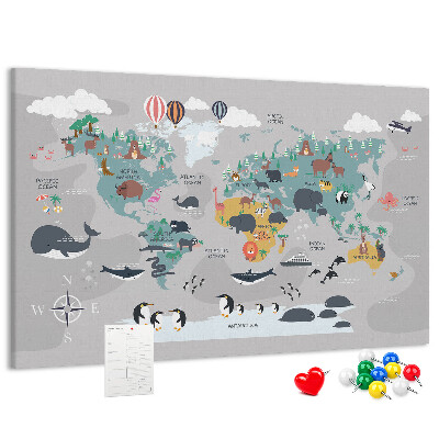 Tableau de liège Carte du monde illustrée d'animaux.