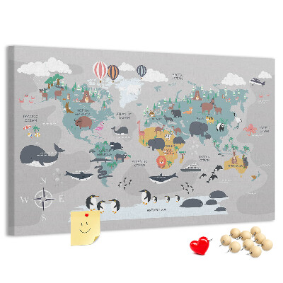 Tableau de liège Carte du monde illustrée d'animaux.