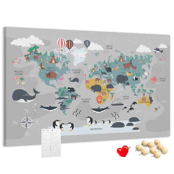 Tableau de liège Carte du monde illustrée d'animaux.