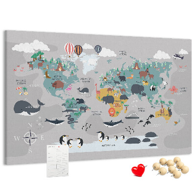 Tableau de liège Carte du monde illustrée d'animaux.