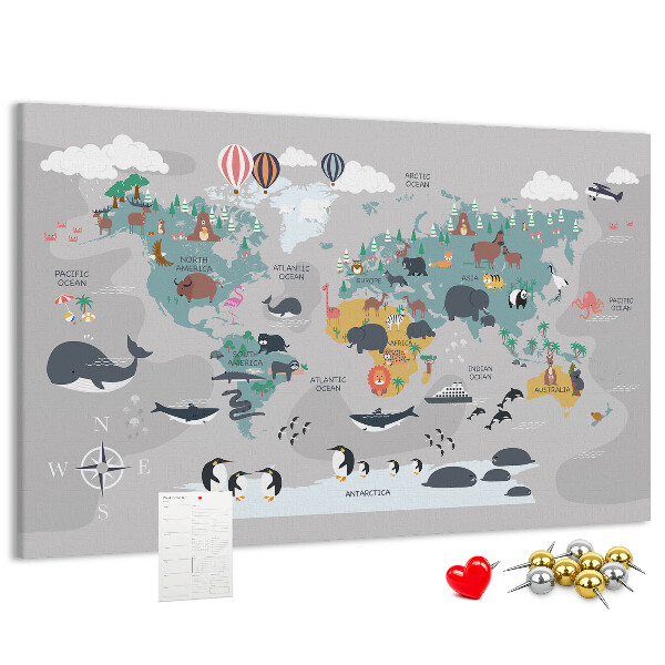Tableau de liège Carte du monde illustrée d'animaux.