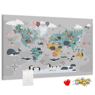 Tableau de liège Carte du monde illustrée d'animaux.