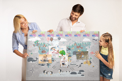Tableau de liège Carte du monde illustrée d'animaux.
