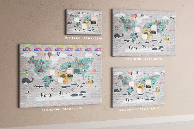 Tableau de liège Carte du monde illustrée d'animaux.