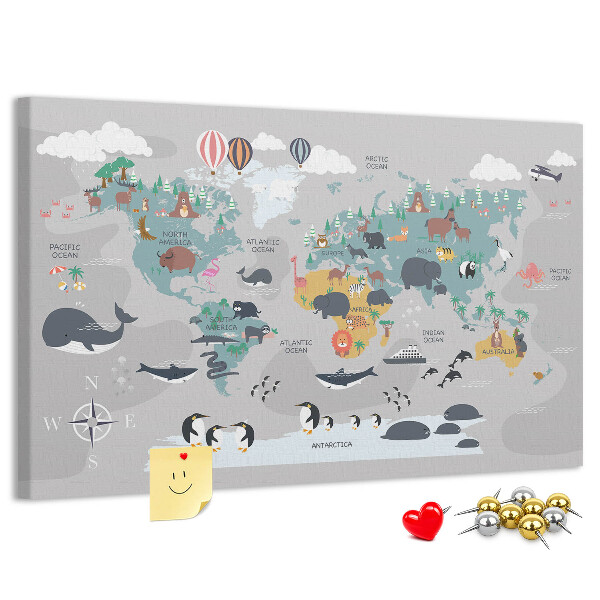 Tableau de liège Carte du monde illustrée d'animaux.