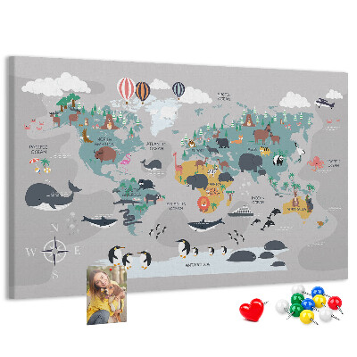 Tableau de liège Carte du monde illustrée d'animaux.