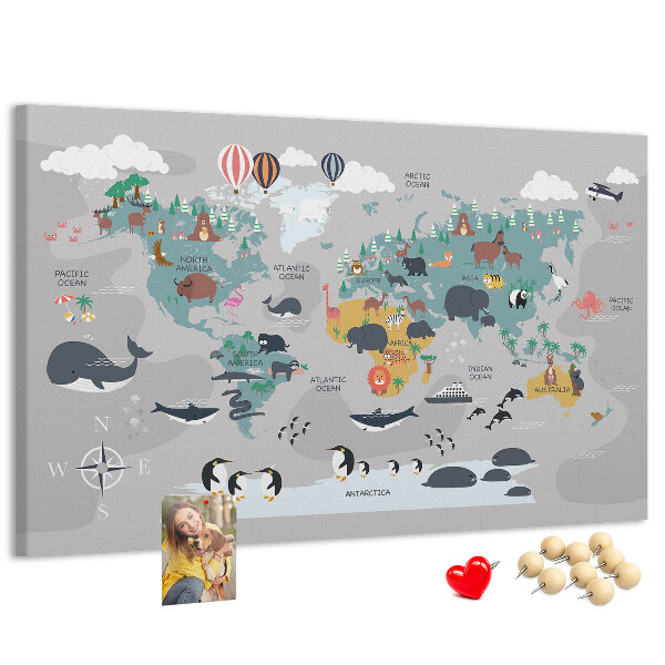 Tableau de liège Carte du monde illustrée d'animaux.