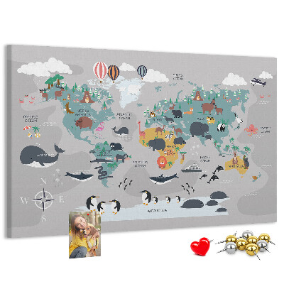 Tableau de liège Carte du monde illustrée d'animaux.