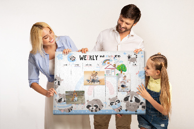 Tableau en liège Agenda hebdomadaire avec de joyeux ratons laveurs