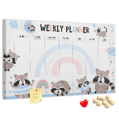 Tableau en liège Agenda hebdomadaire avec de joyeux ratons laveurs