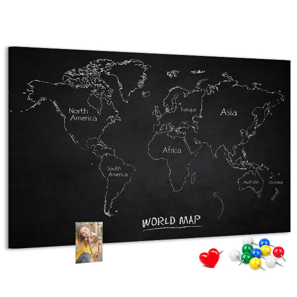 Tableau en liège Carte du monde sur fond noir