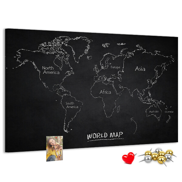 Tableau en liège Carte du monde sur fond noir