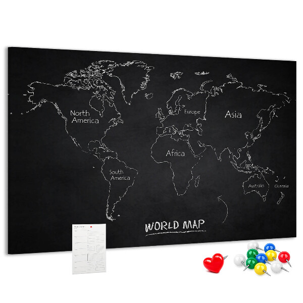 Tableau en liège Carte du monde sur fond noir