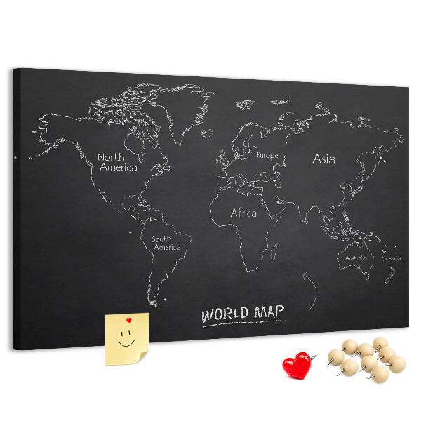 Tableau en liège Carte du monde sur fond noir