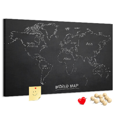 Tableau en liège Carte du monde sur fond noir