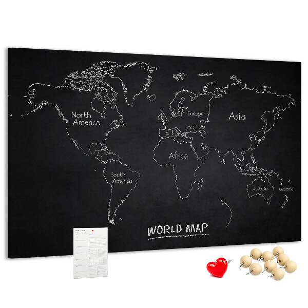 Tableau en liège Carte du monde sur fond noir