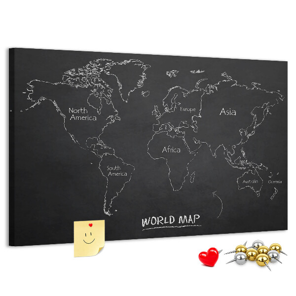 Tableau en liège Carte du monde sur fond noir