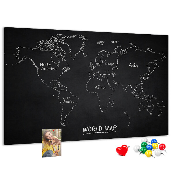 Tableau en liège Carte du monde sur fond noir