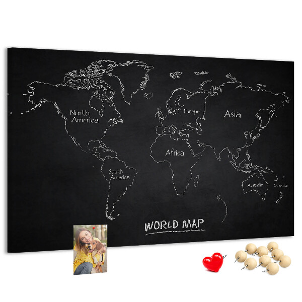 Tableau en liège Carte du monde sur fond noir