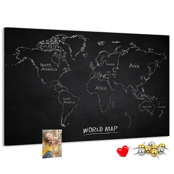 Tableau en liège Carte du monde sur fond noir