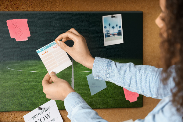 Tableau de liège Terrain de football avec lignes et gazon.