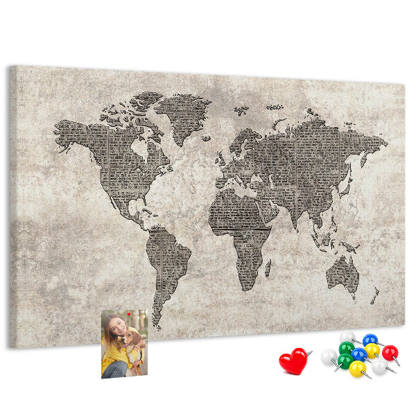 Tableau en liège Carte du monde avec texture de journal.