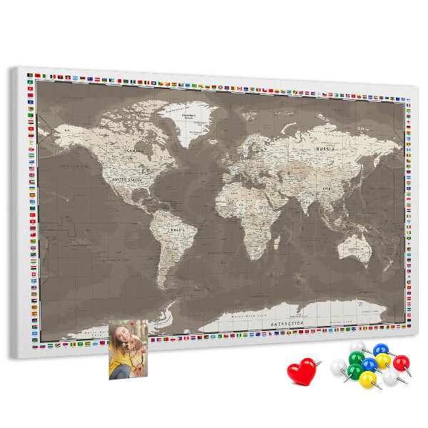Tableau de liège Carte du monde avec les drapeaux des pays