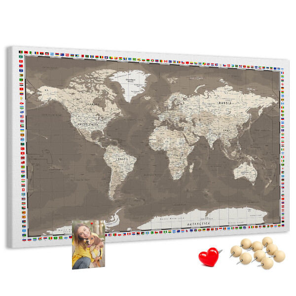 Tableau de liège Carte du monde avec les drapeaux des pays