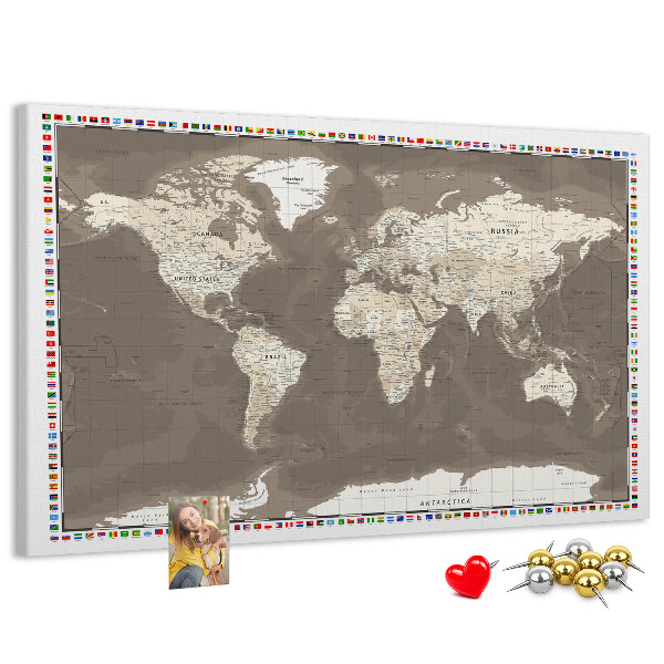 Tableau de liège Carte du monde avec les drapeaux des pays