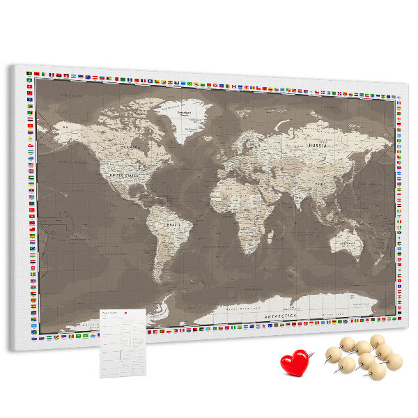 Tableau de liège Carte du monde avec les drapeaux des pays
