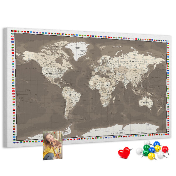 Tableau de liège Carte du monde avec les drapeaux des pays
